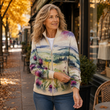Avery | Strickjacke mit Reissverschluss und schottischem Distel-Landschaftsmuster
