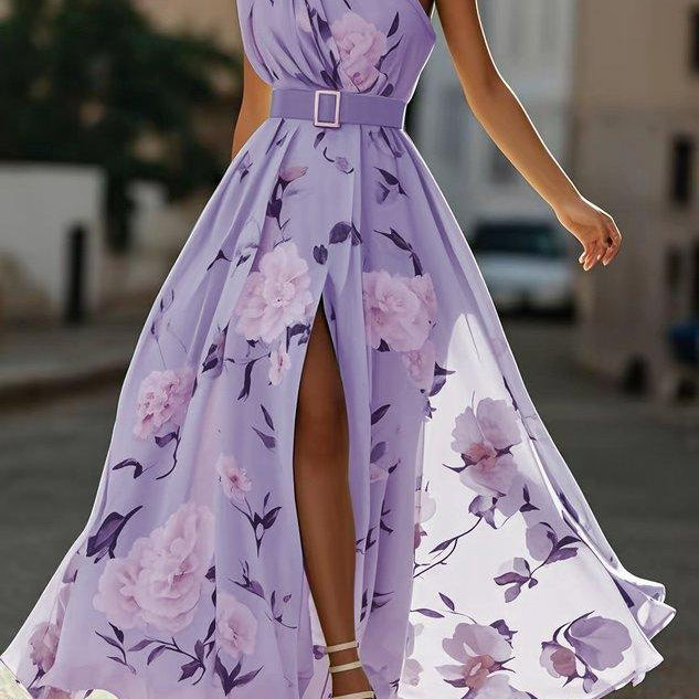 Amelie | Hellgrünes Chiffon-Maxikleid mit Blumenmuster und freien Schultern