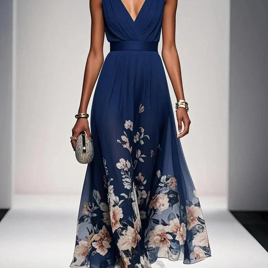 Paula | Hellblaues Chiffon-Maxikleid mit Blumenmuster und V-Ausschnitt