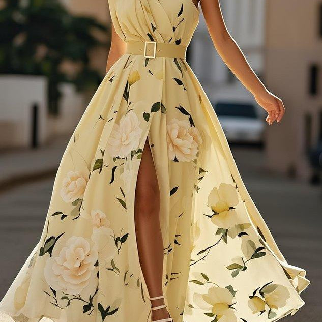 Amelie | Hellgrünes Chiffon-Maxikleid mit Blumenmuster und freien Schultern