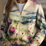 Avery | Strickjacke mit Reissverschluss und schottischem Distel-Landschaftsmuster