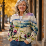 Avery | Strickjacke mit Reissverschluss und schottischem Distel-Landschaftsmuster