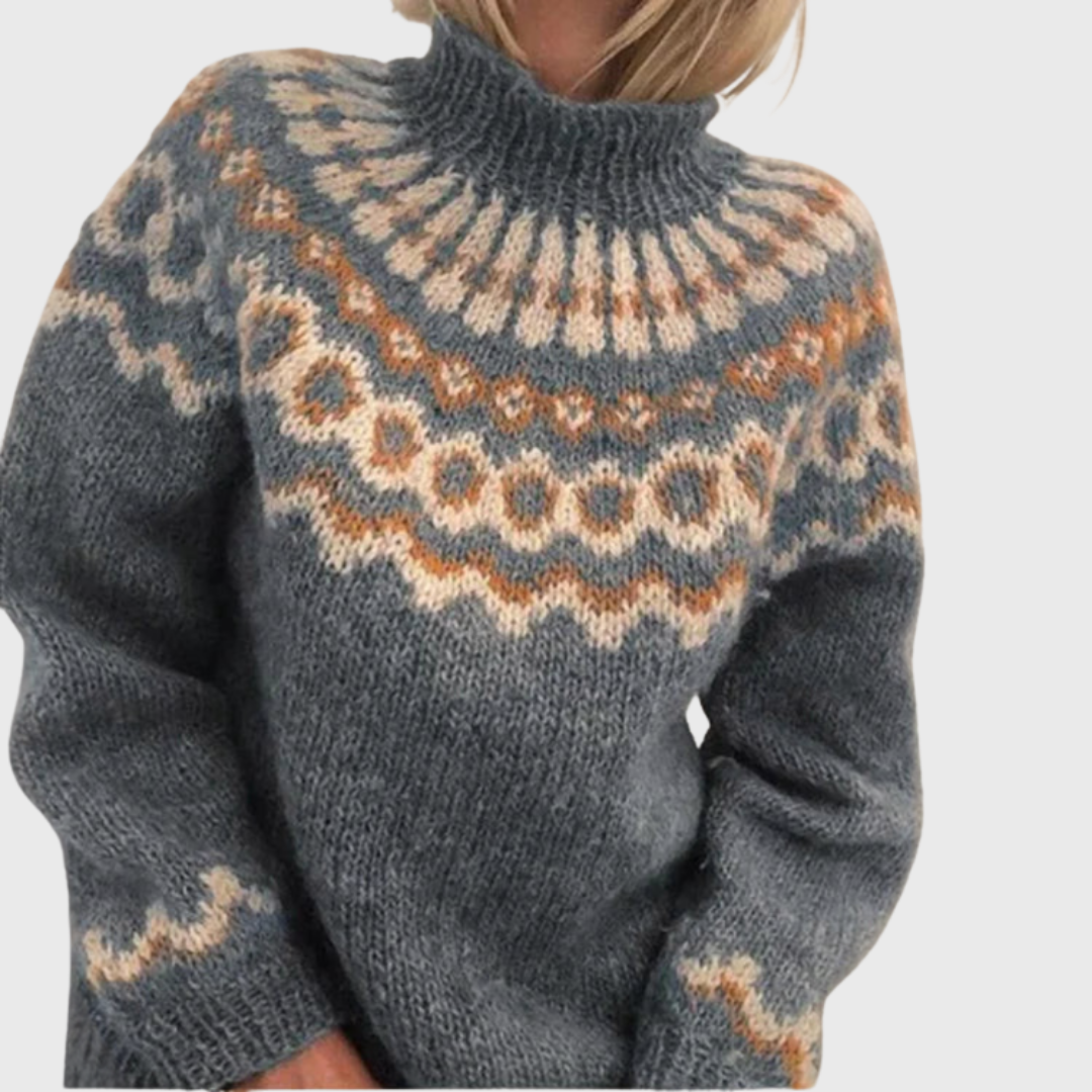 Grażyna - Blauer Pullover mit Stehkragen und norwegischem Muster