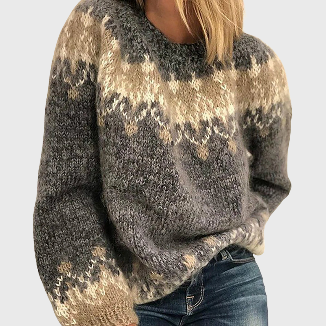 Iwona - Brauner bequemer Pullover mit norwegischem Muster