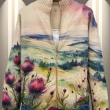 Avery | Strickjacke mit Reissverschluss und schottischem Distel-Landschaftsmuster