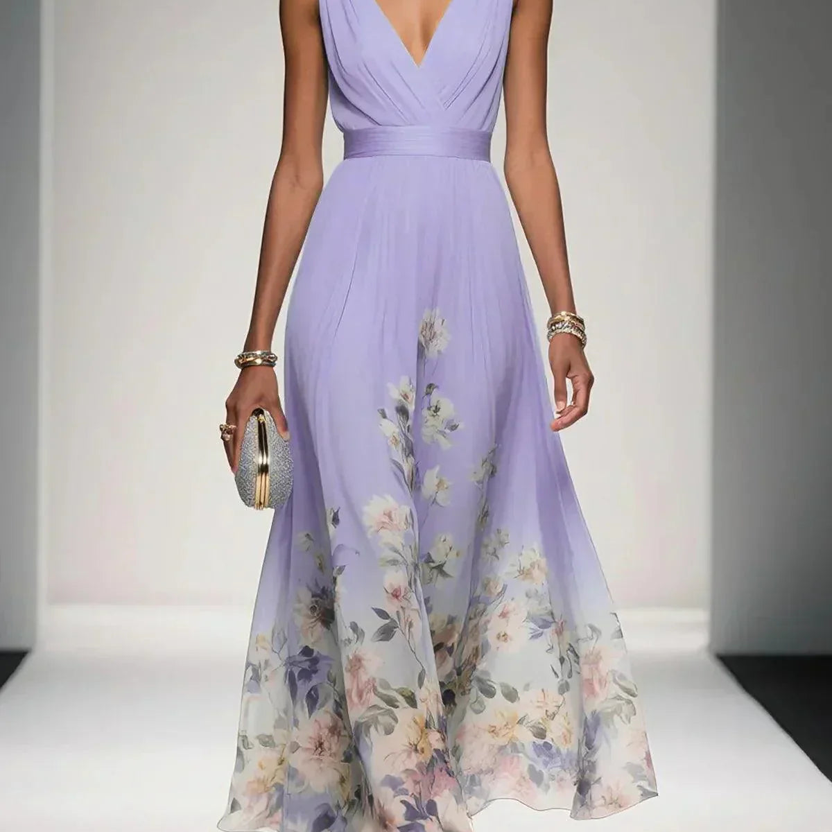 Paula | Hellblaues Chiffon-Maxikleid mit Blumenmuster und V-Ausschnitt
