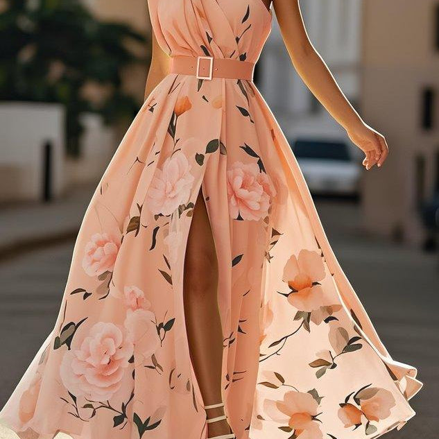 Amelie | Hellgrünes Chiffon-Maxikleid mit Blumenmuster und freien Schultern
