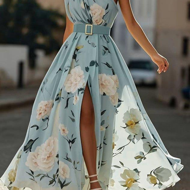 Amelie | Hellgrünes Chiffon-Maxikleid mit Blumenmuster und freien Schultern
