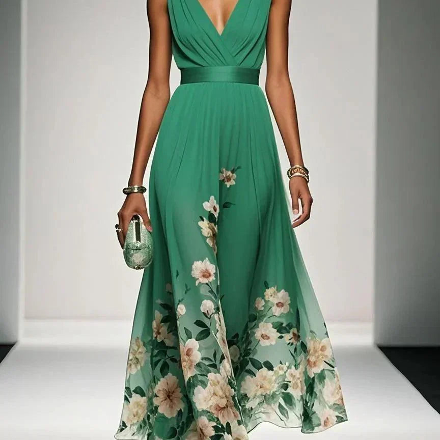Paula | Hellblaues Chiffon-Maxikleid mit Blumenmuster und V-Ausschnitt