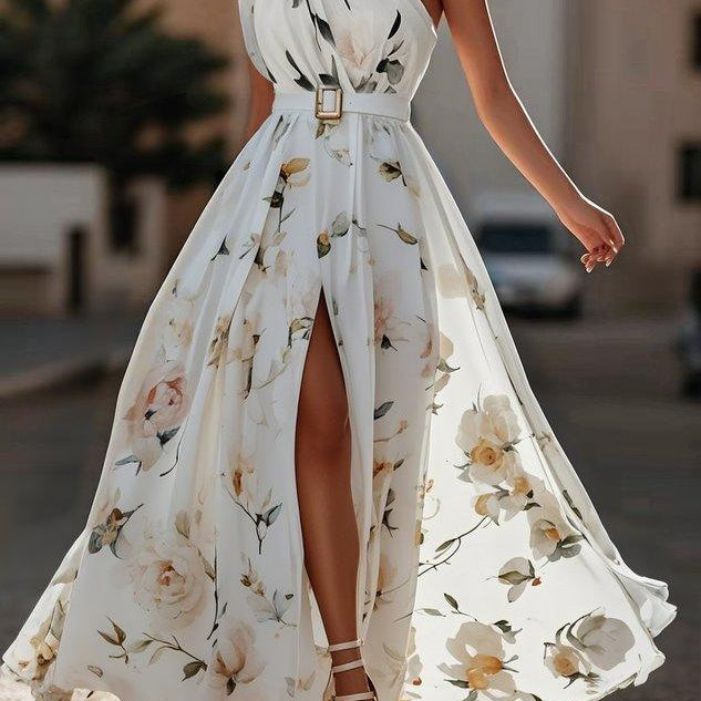 Amelie | Hellgrünes Chiffon-Maxikleid mit Blumenmuster und freien Schultern