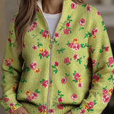 Lauren | Limettengrüne Strickjacke mit Reissverschluss und rosa Blumen