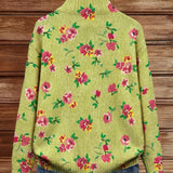 Lauren | Limettengrüne Strickjacke mit Reissverschluss und rosa Blumen
