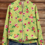 Lauren | Limettengrüne Strickjacke mit Reissverschluss und rosa Blumen