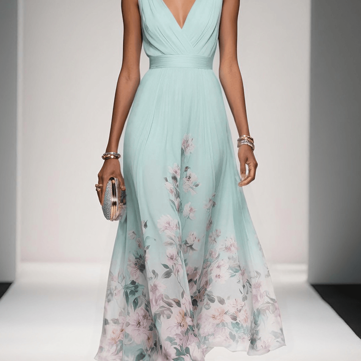 Paula | Hellblaues Chiffon-Maxikleid mit Blumenmuster und V-Ausschnitt