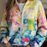 Natalie | Strickjacke mit Reissverschluss, Aquarell-Blumenmuster und Farbverlauf