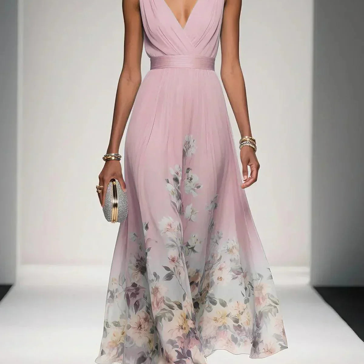 Paula | Hellblaues Chiffon-Maxikleid mit Blumenmuster und V-Ausschnitt