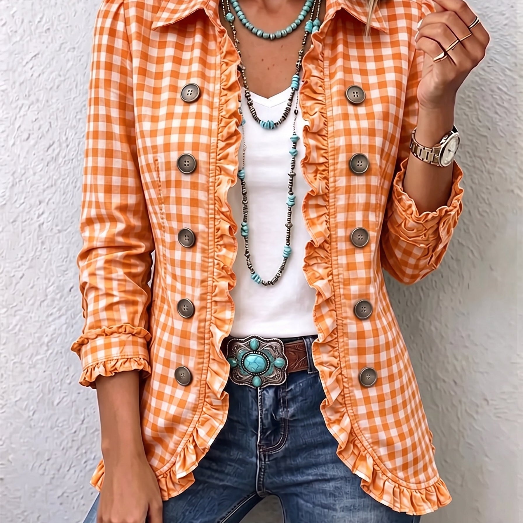 Charlene | Vichykaro-Jacke mit Rüschen und Knopfleiste