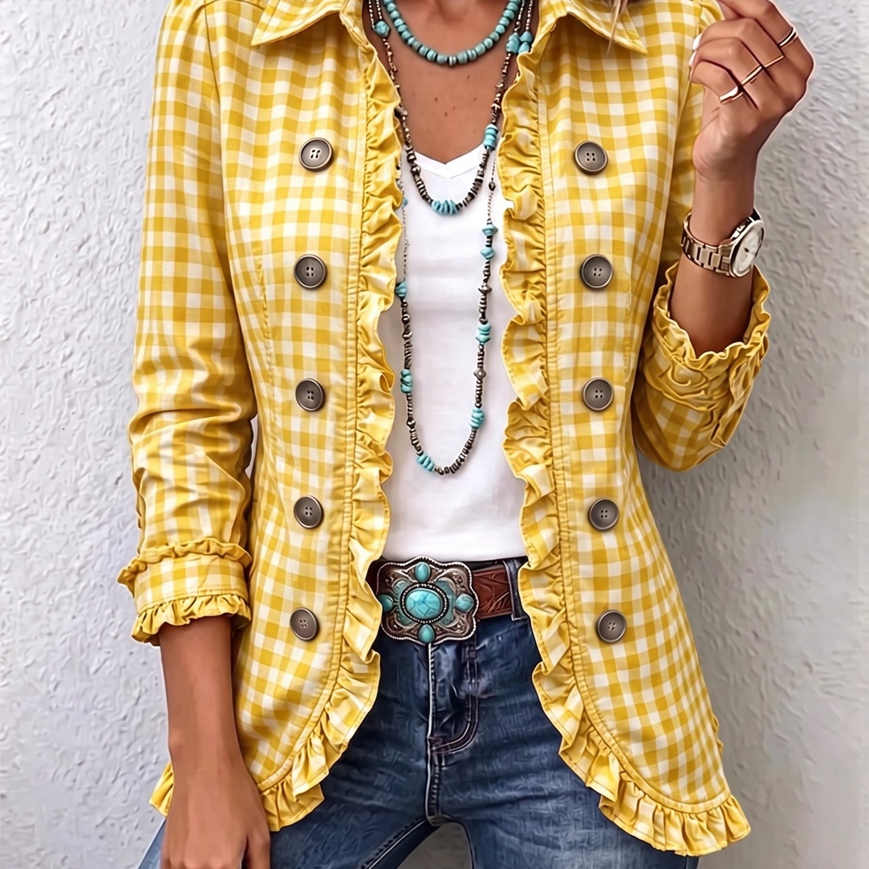 Charlene | Vichykaro-Jacke mit Rüschen und Knopfleiste