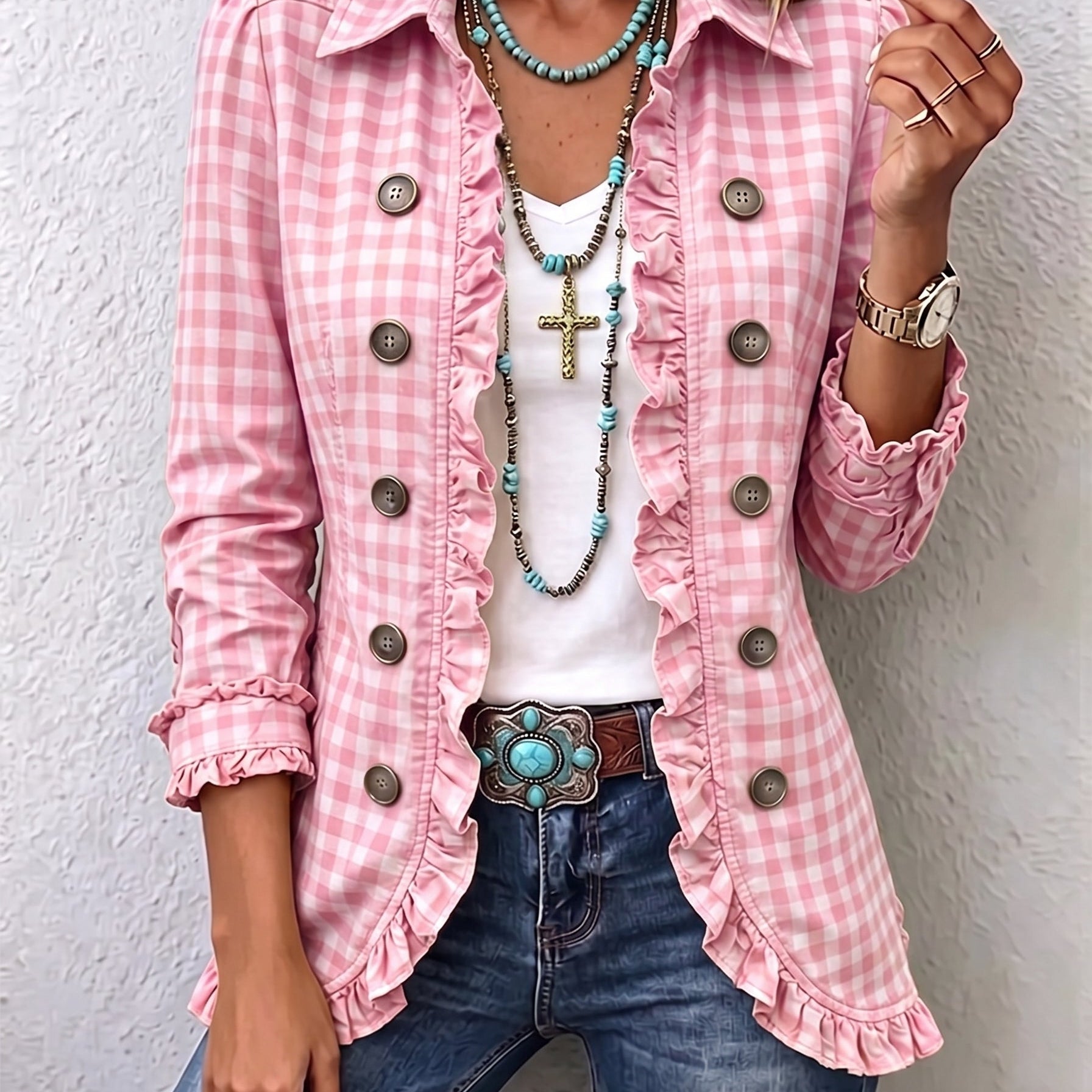 Charlene | Vichykaro-Jacke mit Rüschen und Knopfleiste