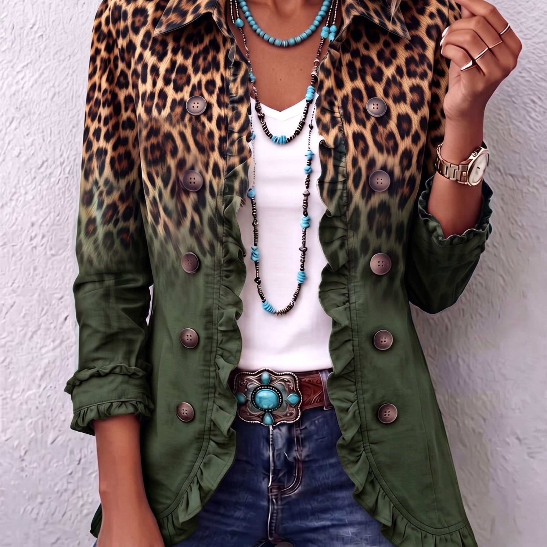 Elspeth | Blazerjacke mit Leopardenmuster, Farbverlauf und Rüschen