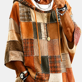 Künstlerischer Patchwork-Hoodie in Herbsttönen – Produktansicht