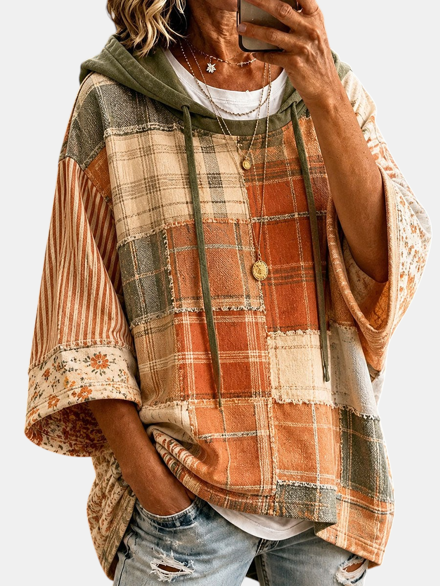Damen-Hoodie mit herbstlichem Patchwork – Produktansicht