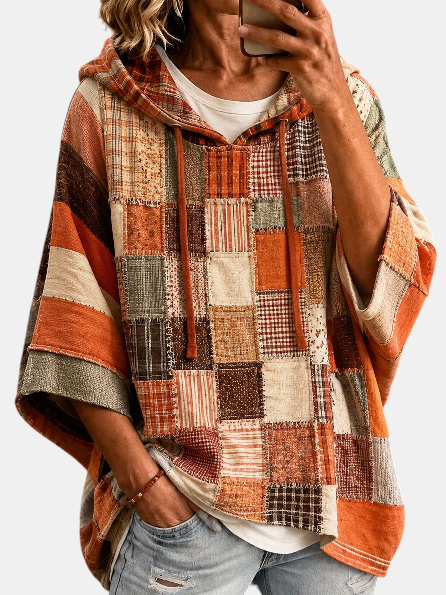 Damen-Hoodie mit künstlerischem Patchwork-Design – Produktansicht