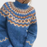 Grażyna - Blauer Pullover mit Stehkragen und norwegischem Muster