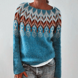 Halina - Petrolfarbener Retro-Pullover mit norwegischem Muster